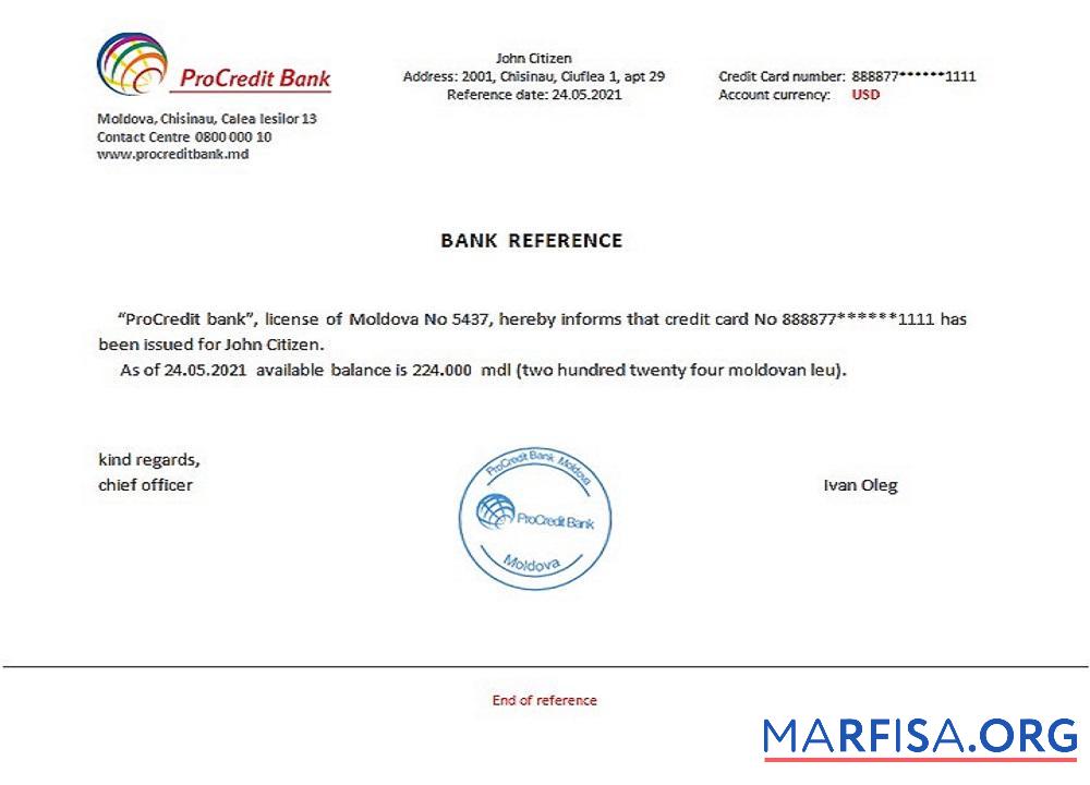 Downloadable Moldova Procredit bank reference real example